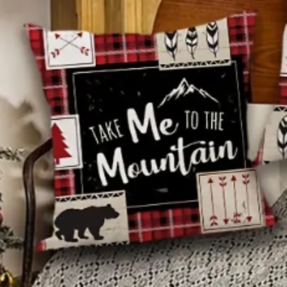 NEW SET OF 5 RUSTIC MOUNTAIN CABIN QUOTE BLACK/RED LINEN PILLOW COVERS 18" - Picture 3 of 7